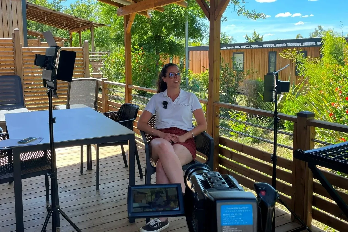 An interview shoot on a terrace, LED panels either side
