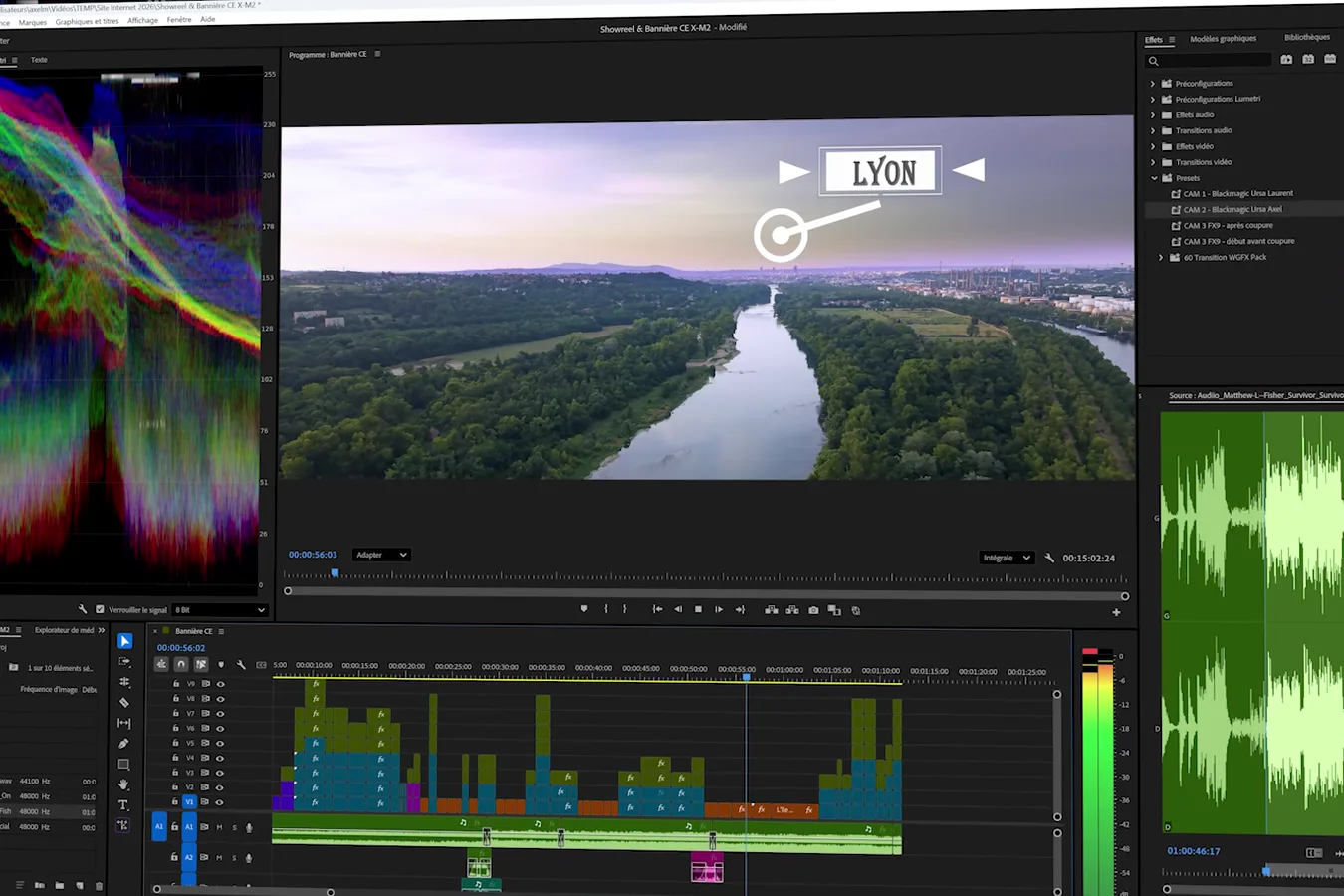 The editing suite: program monitor, colour scopes and the timeline